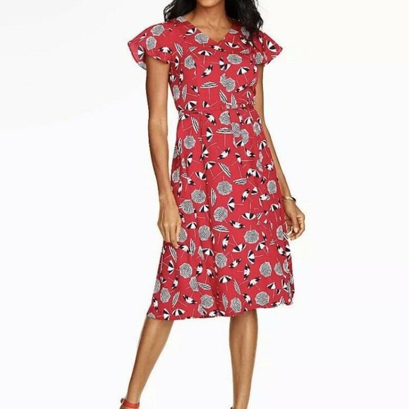 Talbots Fit and Flare Midi Dress Size 4 Red Cap Sleeve Vacation Beach Resort - Picture 1 of 13